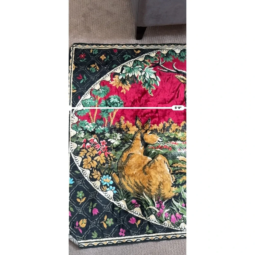 Vintage Velvet Deer Tapestry Forest Stag Wall Hanging Rug Morocco 5'9